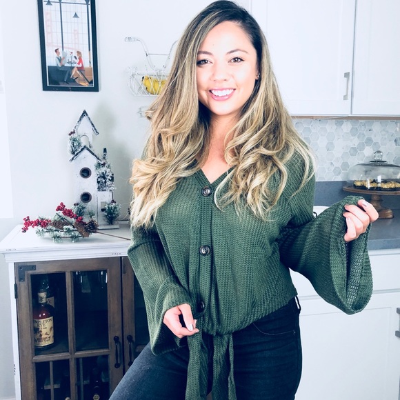 LAST ONE Olive Green Waffle Knit Bell Sleeve Top - Picture 2 of 3